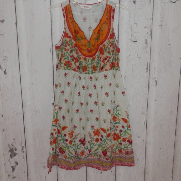 BIBA  Size 38 Boho Loose Blouson Peasant Dress Pleated Floral 100% Cotton 3559 - Picture 7 of 13